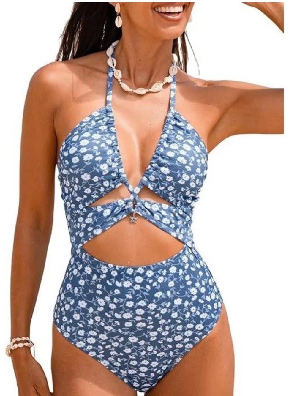 Cupshe NWT M Blue Floral Cutout SEXY low V One-Piece Swimsuit